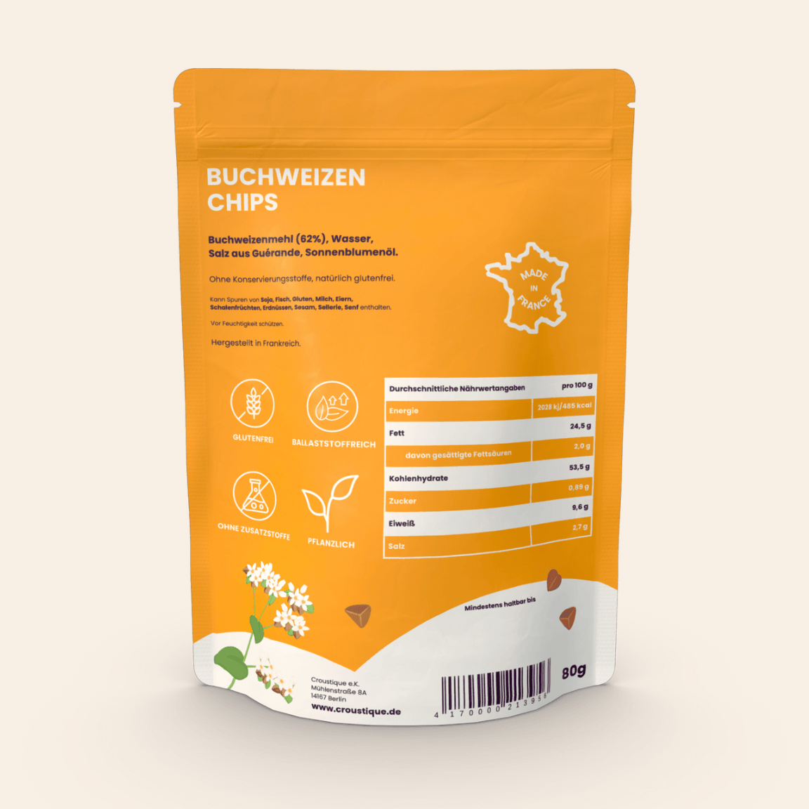 Buchweizenchips Verpackung hinten